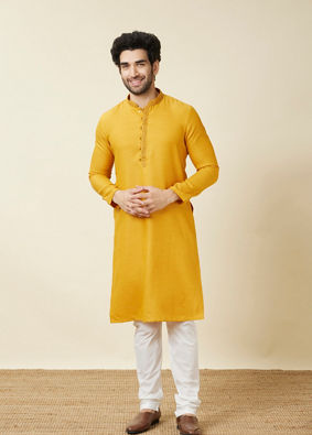 alt message - Manyavar Men Amber Orange Embroidered Bandhgala Kurta Set image number 2