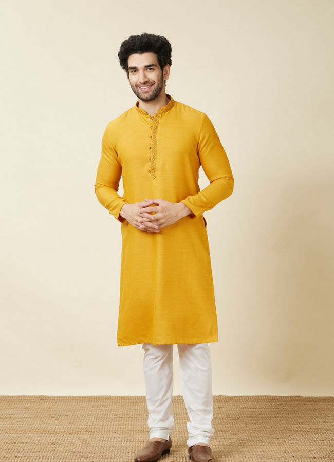 Amber Orange Embroidered Bandhgala Kurta Set for Men Manyavar Yellow L