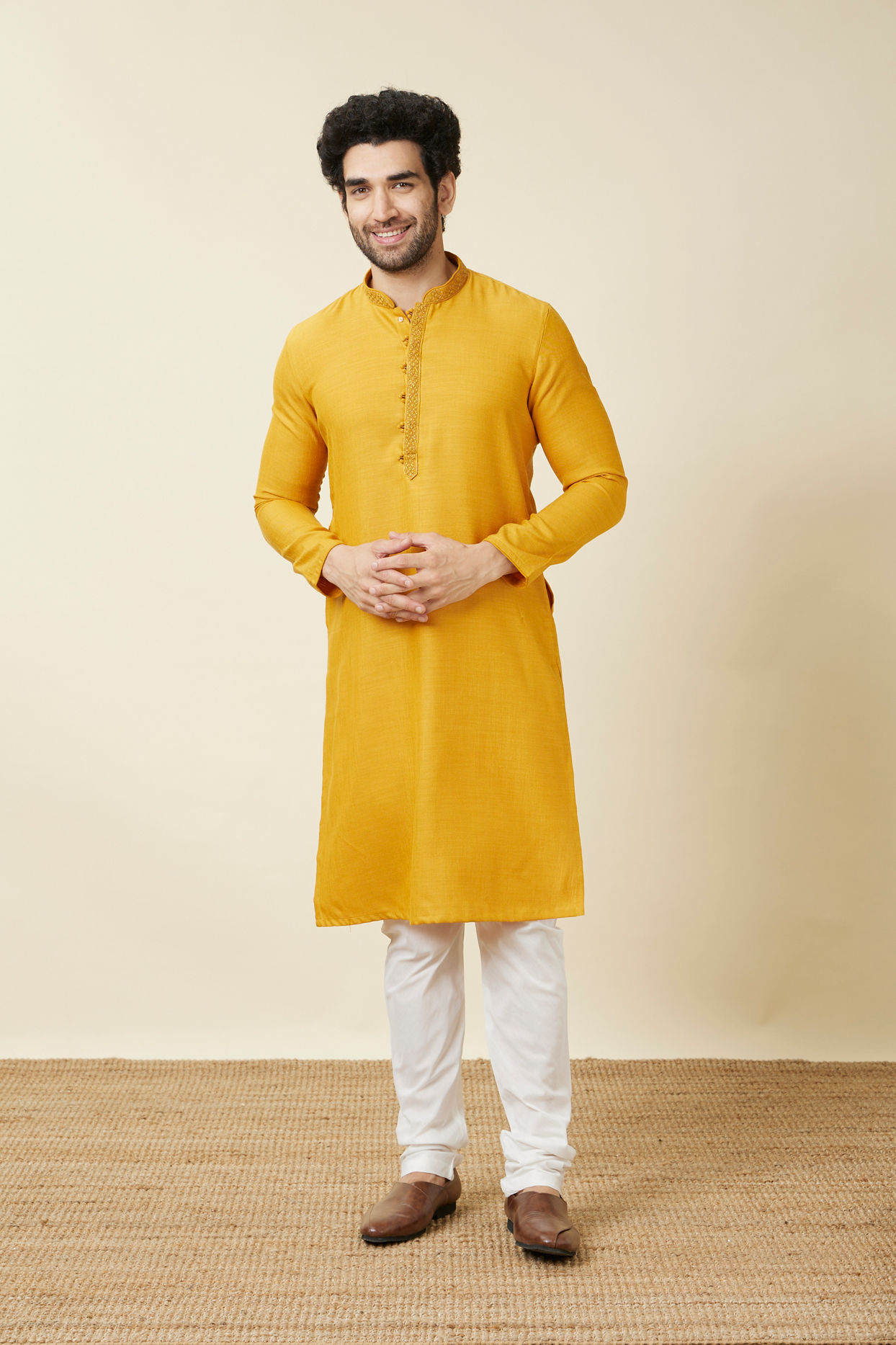 alt message - Manyavar Men Amber Orange Embroidered Bandhgala Kurta Set image number 2