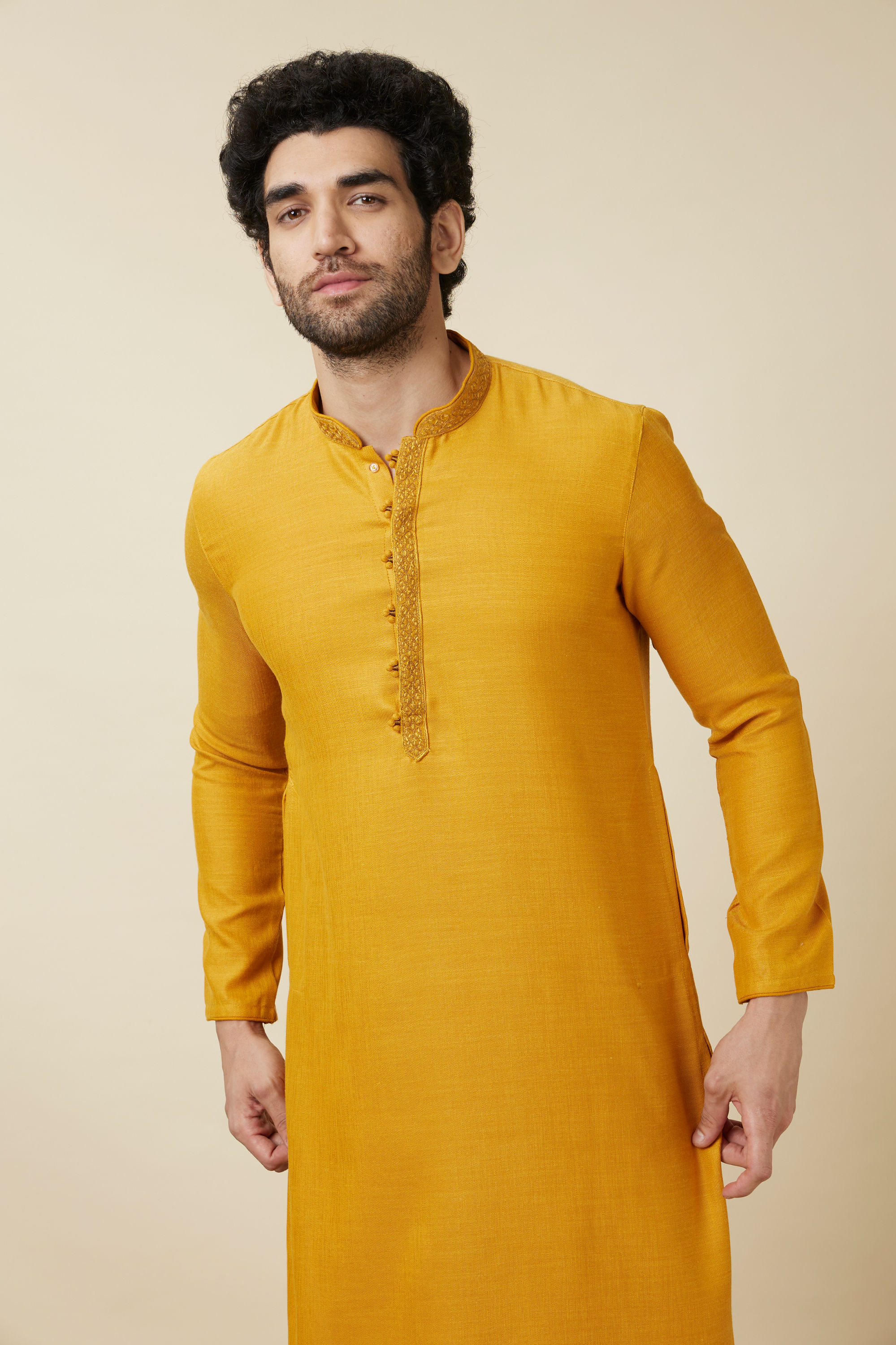 Manyavar Men Amber Orange Embroidered Bandhgala Kurta Set