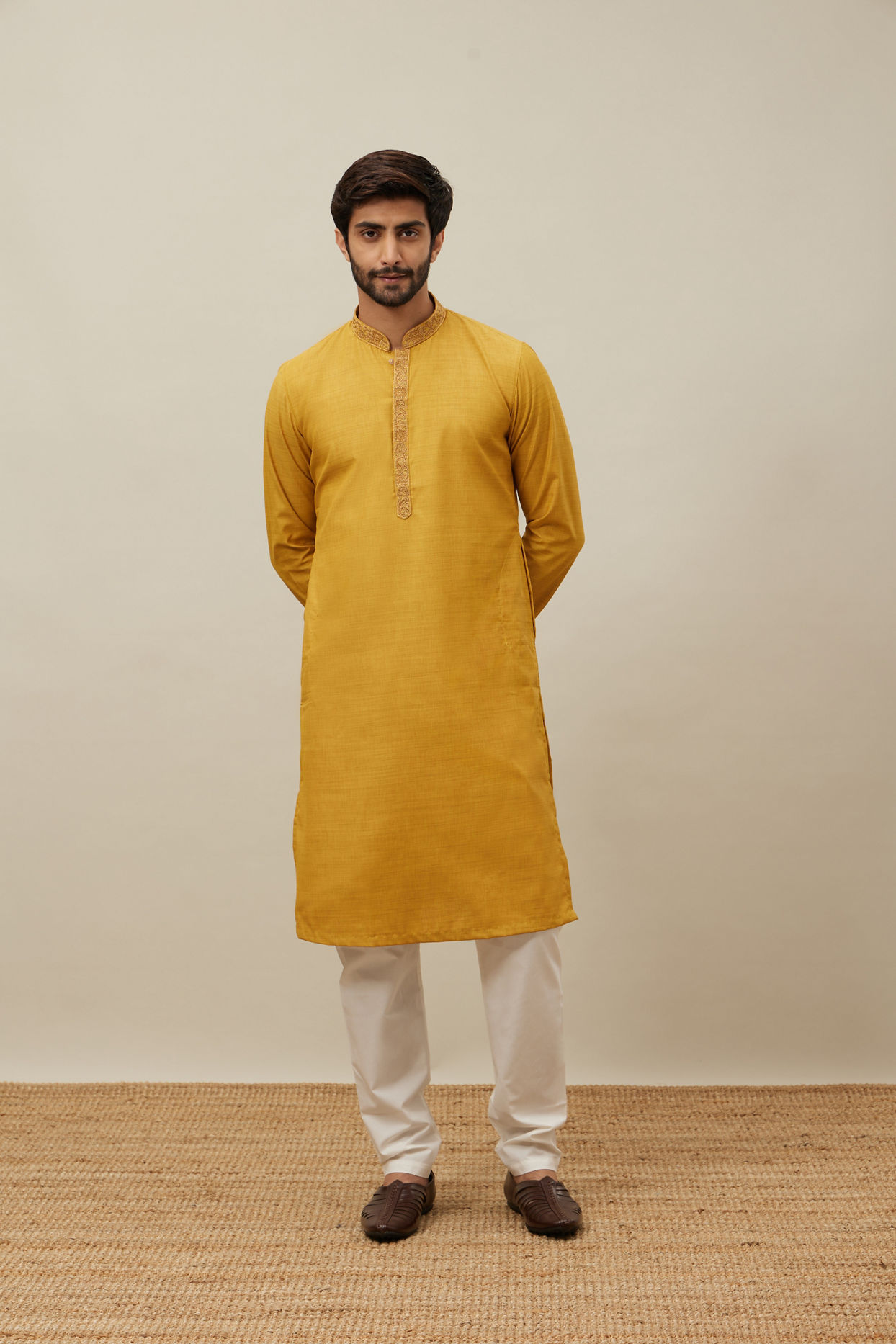 Manyavar Men Candlelight Orange Bel Buti Patterned Placket Kurta Set