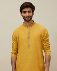 Manyavar Men Candlelight Orange Bel Buti Patterned Placket Kurta Set