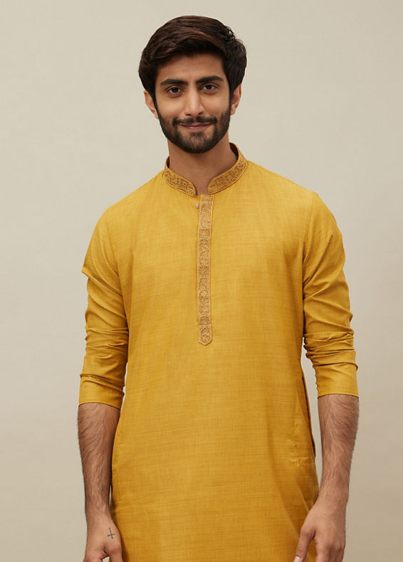 Manyavar Men Candlelight Orange Bel Buti Patterned Placket Kurta Set