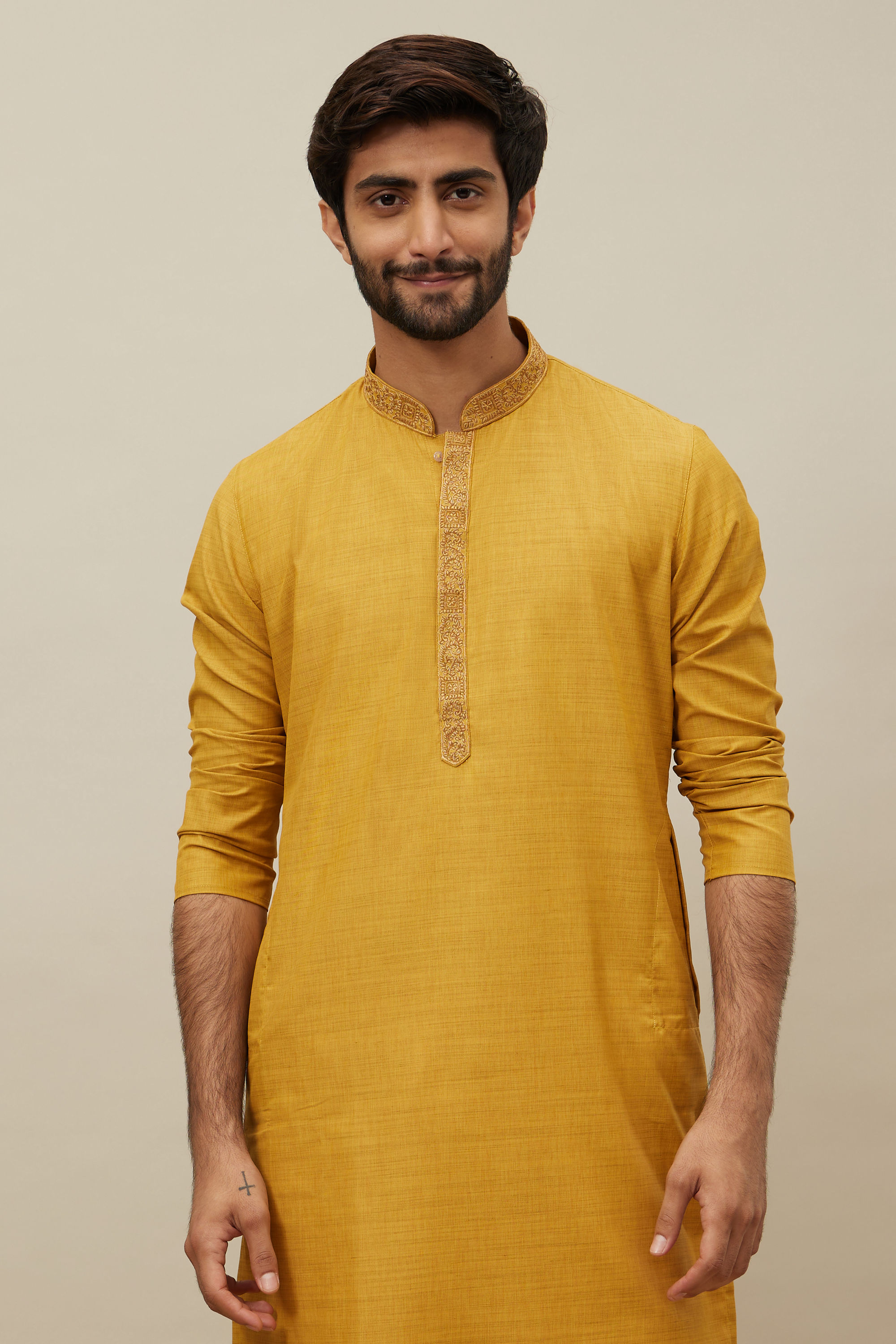 Manyavar Men Candlelight Orange Bel Buti Patterned Placket Kurta Set