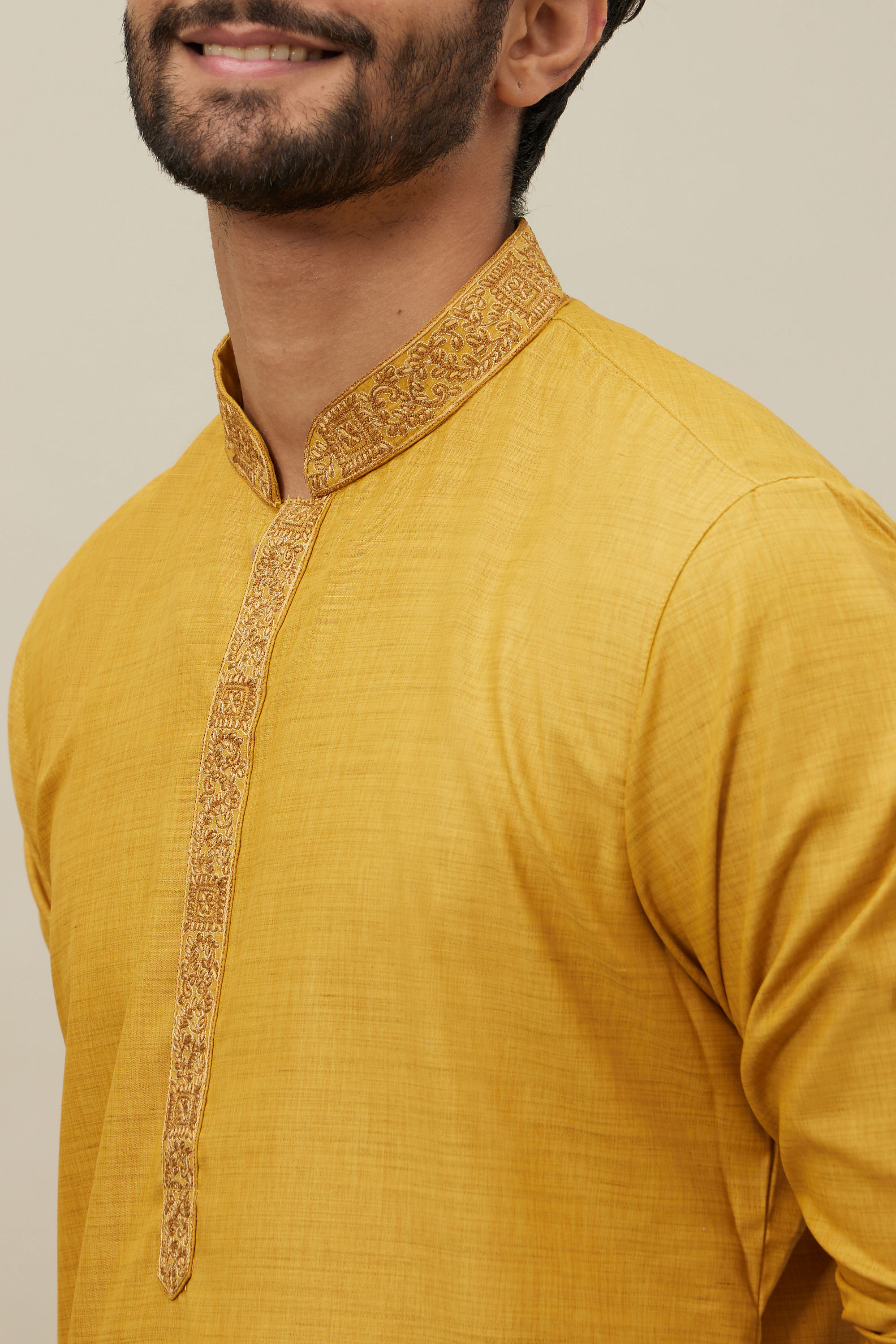 Manyavar Men Candlelight Orange Bel Buti Patterned Placket Kurta Set