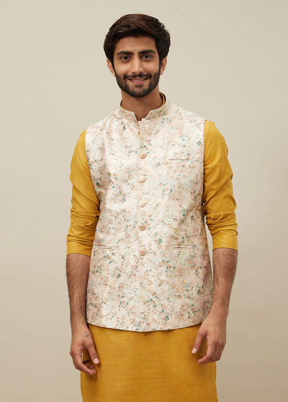 alt message - Manyavar Men Buttercream White Floral Printed Jacket