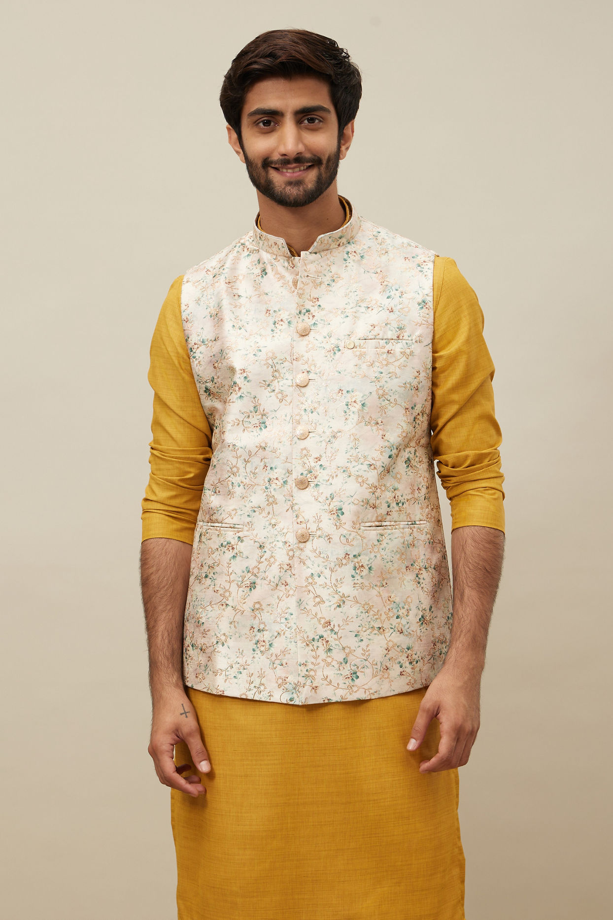 alt message - Manyavar Men Buttercream White Floral Printed Jacket image number 0