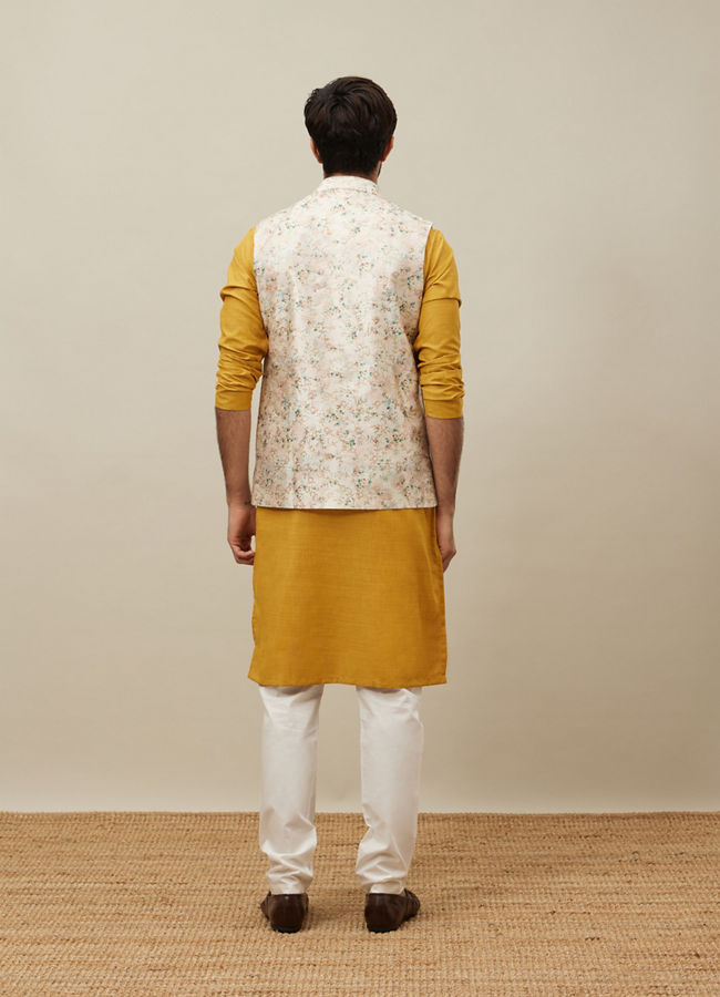 alt message - Manyavar Men Buttercream White Floral Printed Jacket image number 3