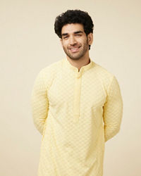 Manyavar Men Crayola Yellow Floral Chikankari Embroidered Kurta Set