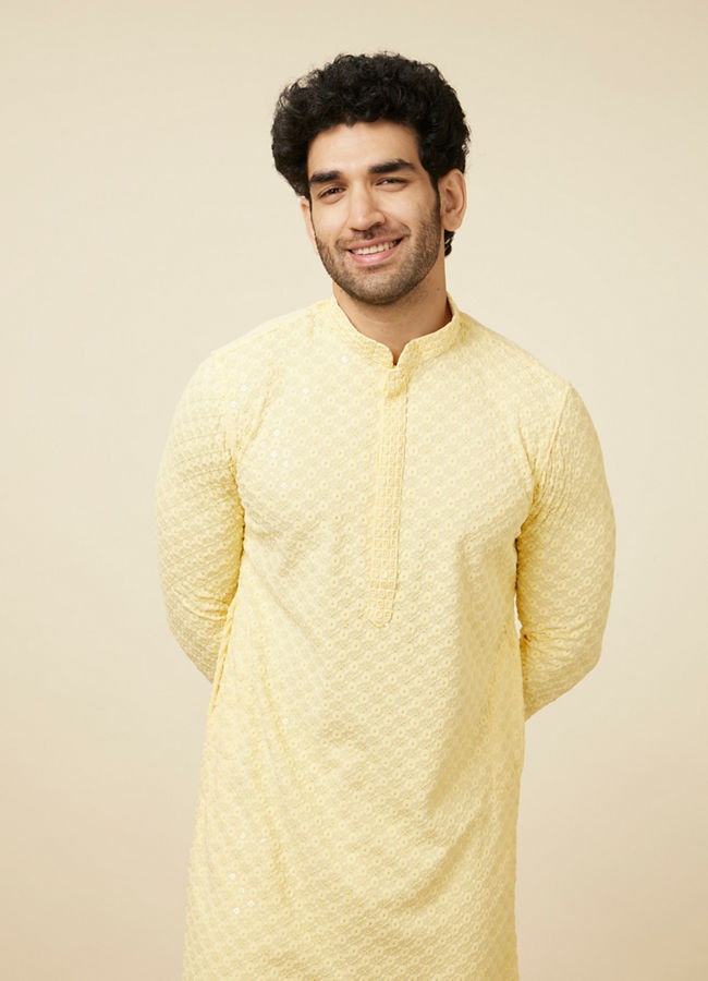 alt message - Manyavar Men Crayola Yellow Floral Chikankari Embroidered Kurta Set image number 0