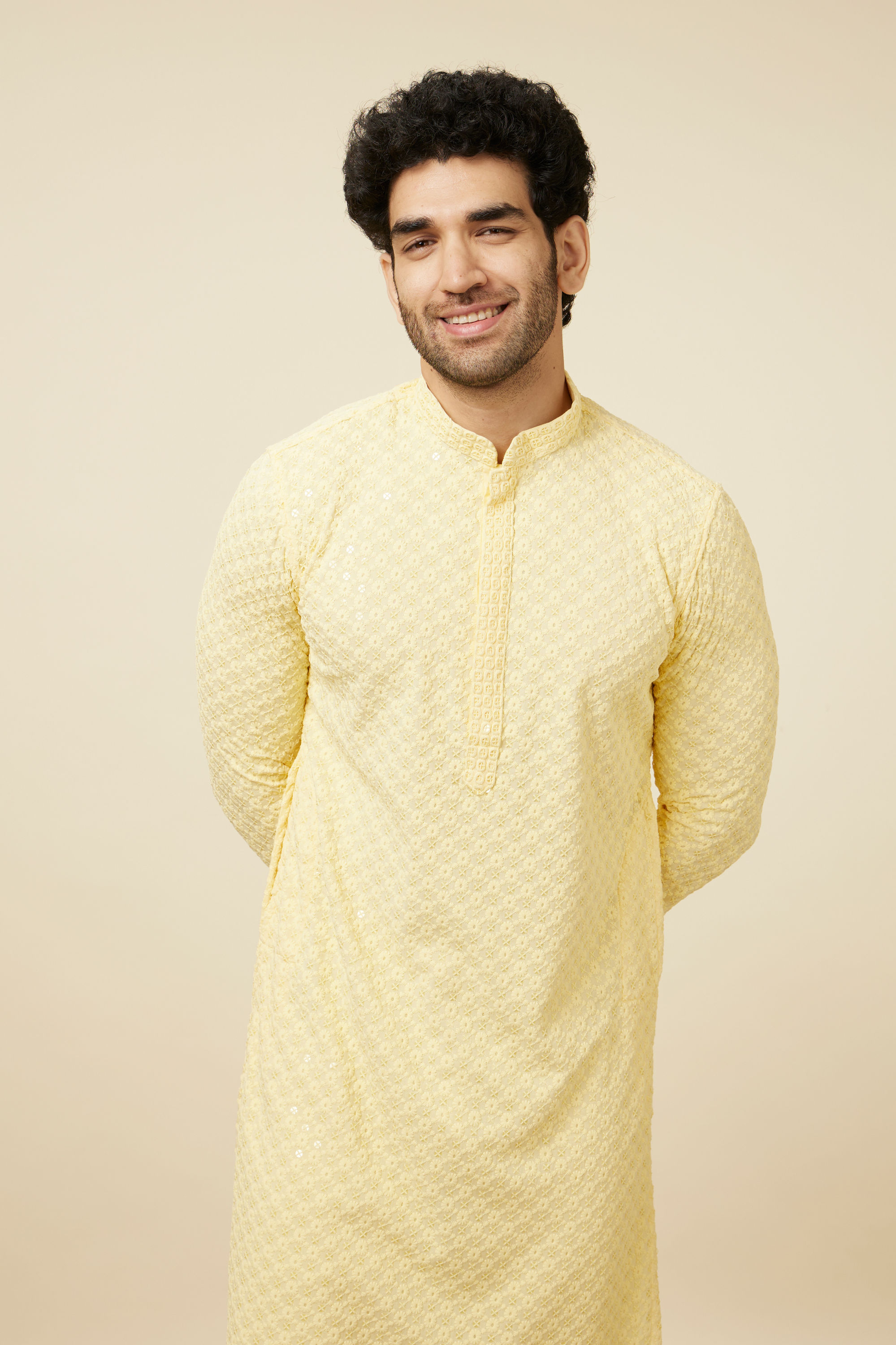 Manyavar Men Crayola Yellow Floral Chikankari Embroidered Kurta Set