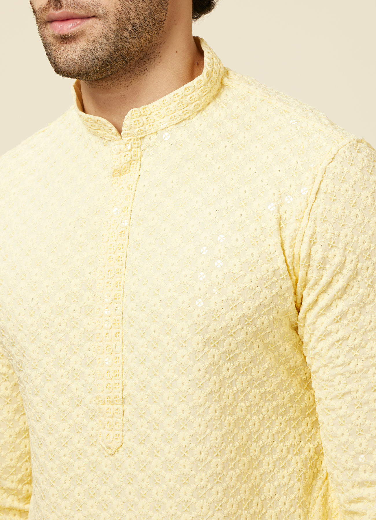 Manyavar Men Crayola Yellow Floral Chikankari Embroidered Kurta Set