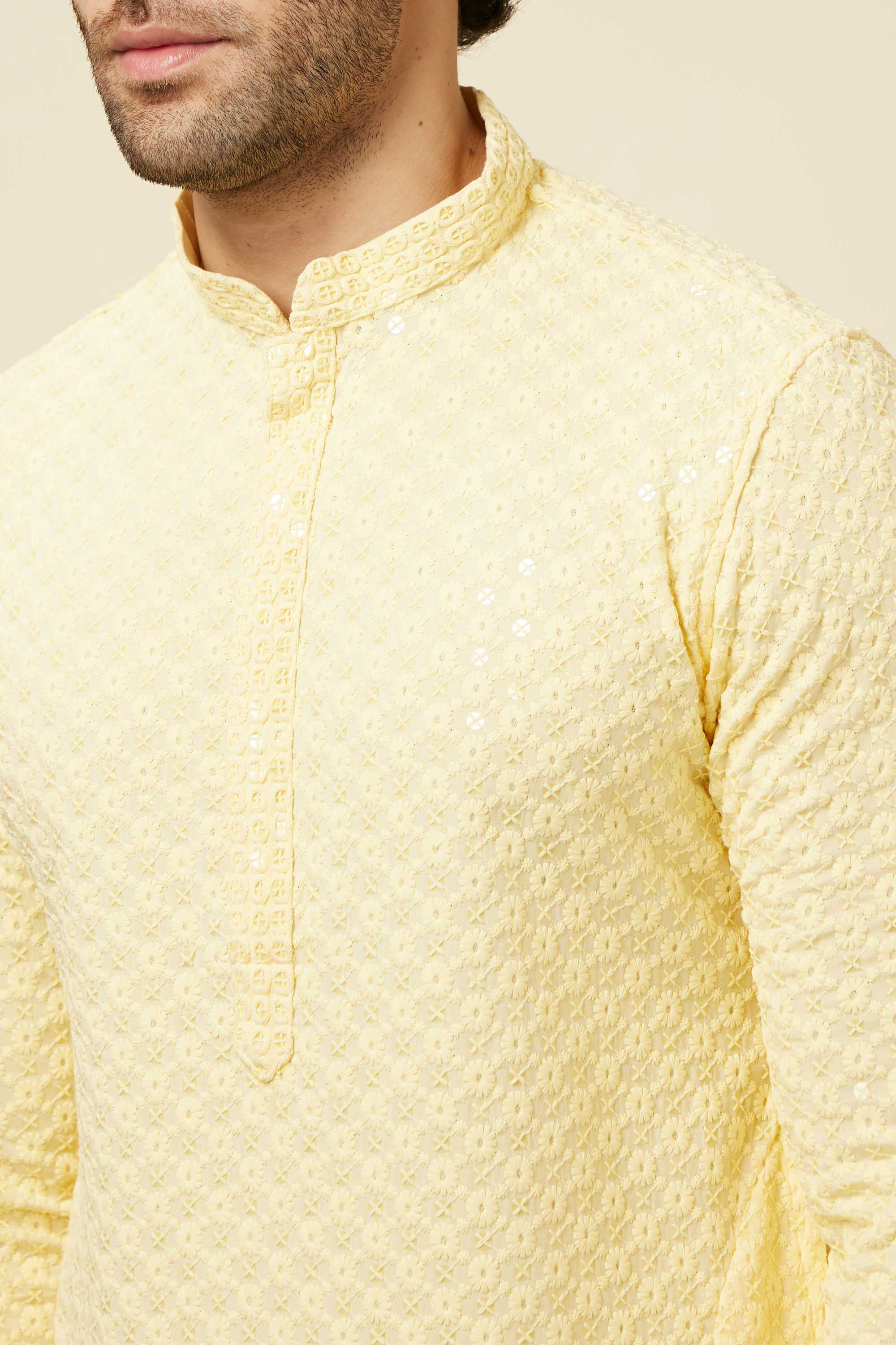 Manyavar Men Crayola Yellow Floral Chikankari Embroidered Kurta Set