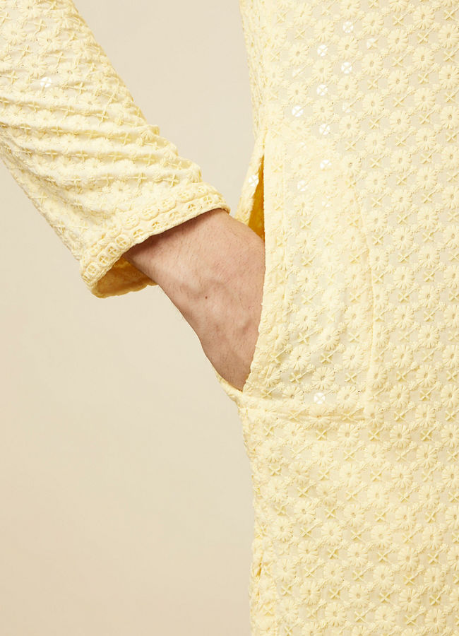 Manyavar Men Crayola Yellow Floral Chikankari Embroidered Kurta Set