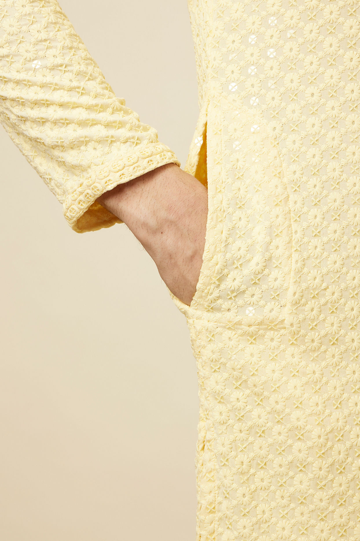 Manyavar Men Crayola Yellow Floral Chikankari Embroidered Kurta Set