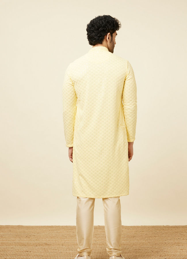 Manyavar Men Crayola Yellow Floral Chikankari Embroidered Kurta Set