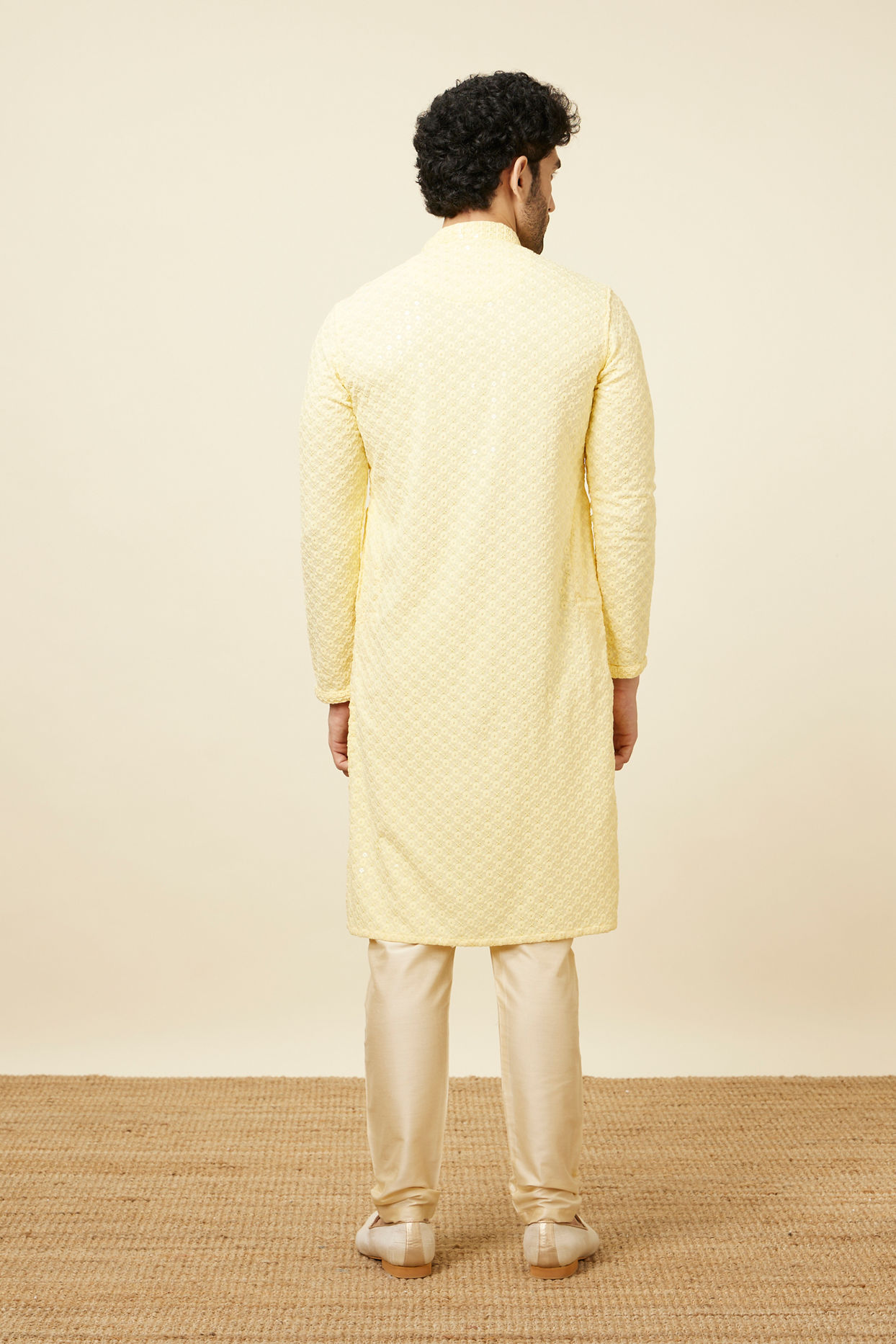 alt message - Manyavar Men Crayola Yellow Floral Chikankari Embroidered Kurta Set image number 5