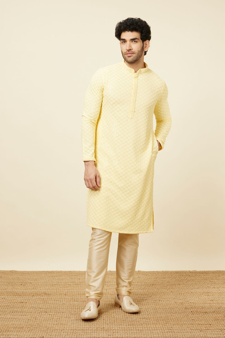 Manyavar Men Crayola Yellow Floral Chikankari Embroidered Kurta Set