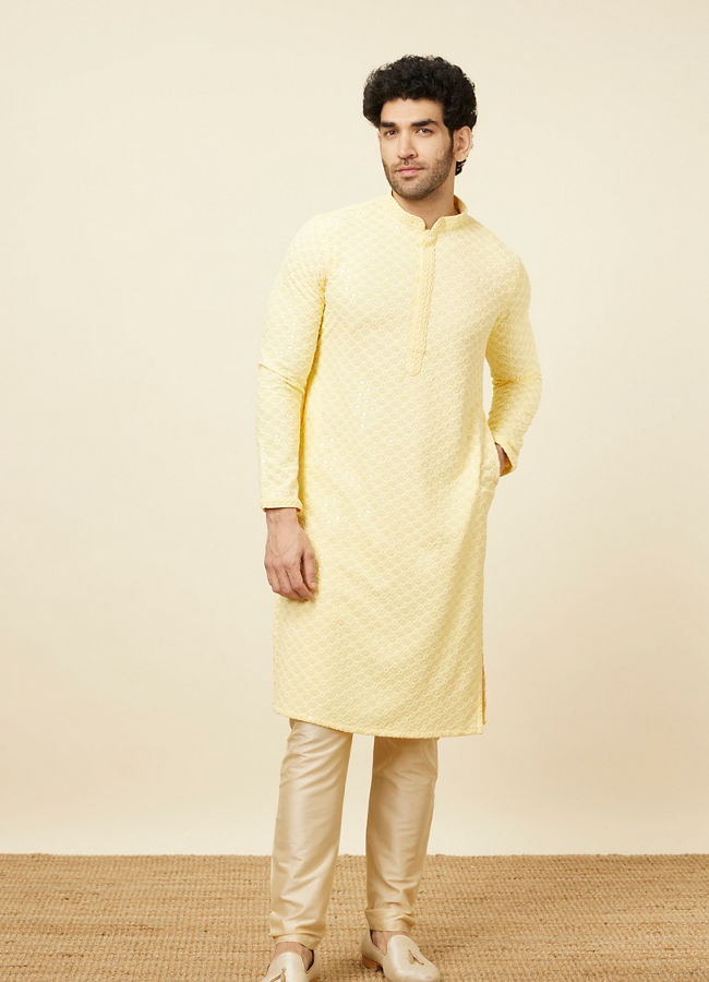 alt message - Manyavar Men Crayola Yellow Floral Chikankari Embroidered Kurta Set image number 2