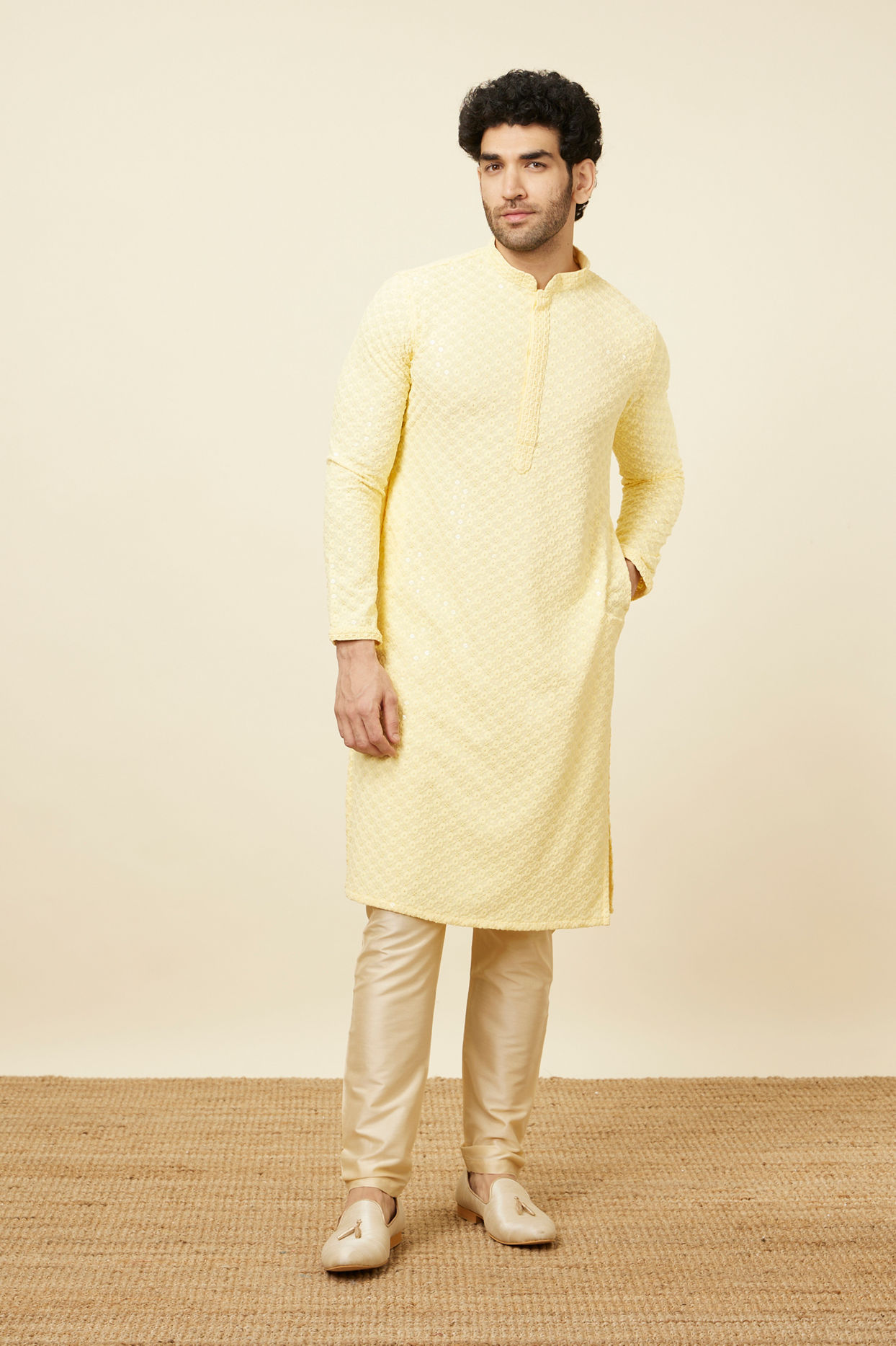 alt message - Manyavar Men Crayola Yellow Floral Chikankari Embroidered Kurta Set image number 2