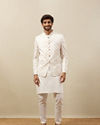 Manyavar Men Bright White Trellis Patterned Indo Western Set