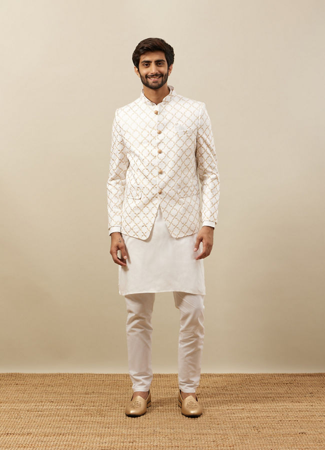 Manyavar Men Bright White Trellis Patterned Indo Western Set