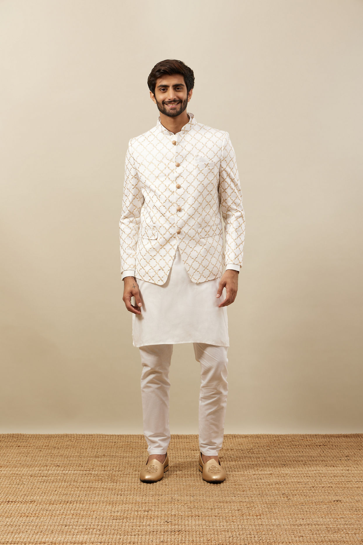 Manyavar Men Bright White Trellis Patterned Indo Western Set