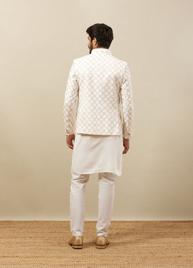 Manyavar Men Bright White Trellis Patterned Indo Western Set