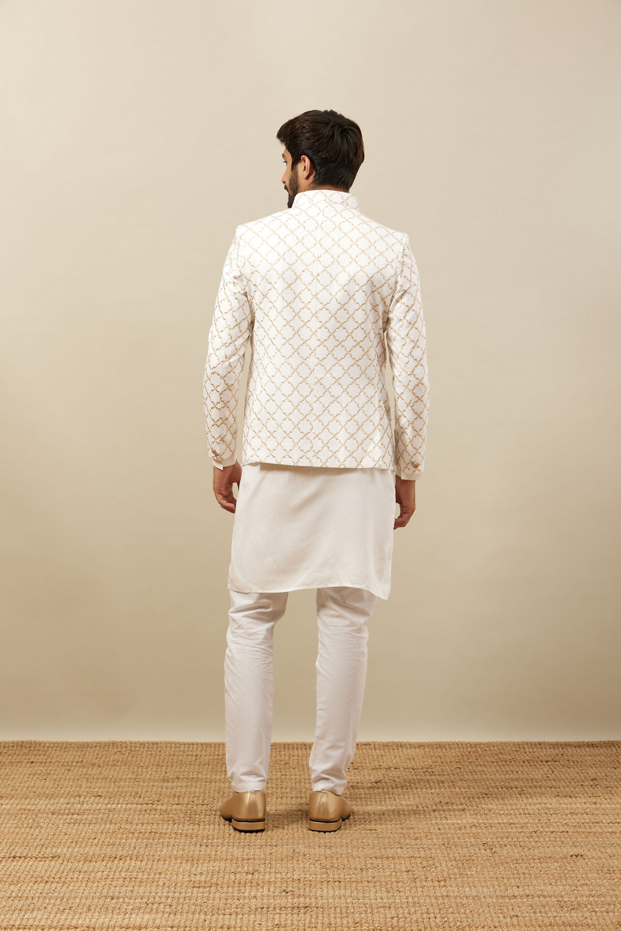 Manyavar Men Bright White Trellis Patterned Indo Western Set