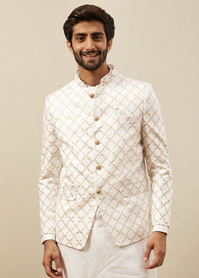Manyavar Men Bright White Trellis Patterned Indo Western Set