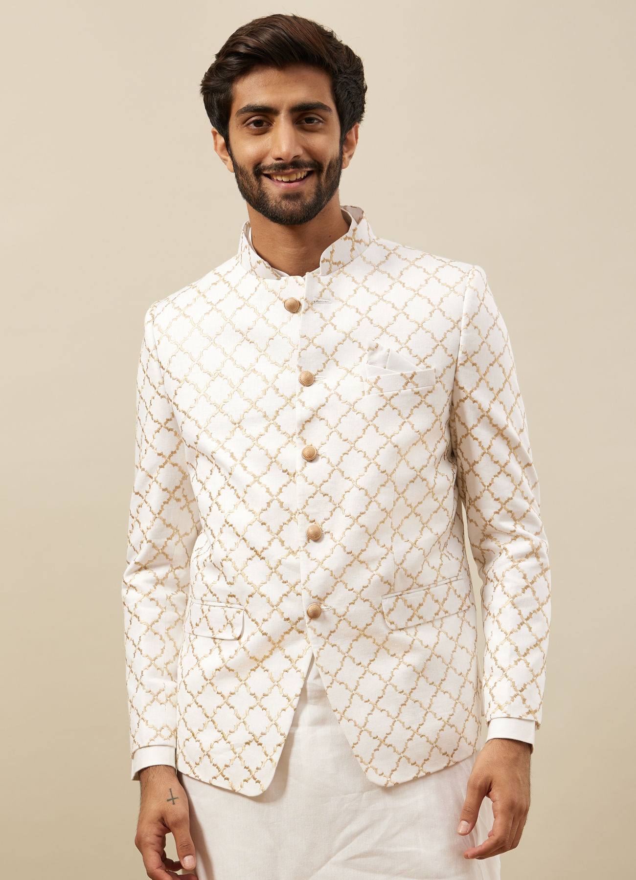 Manyavar Men Bright White Trellis Patterned Indo Western Set