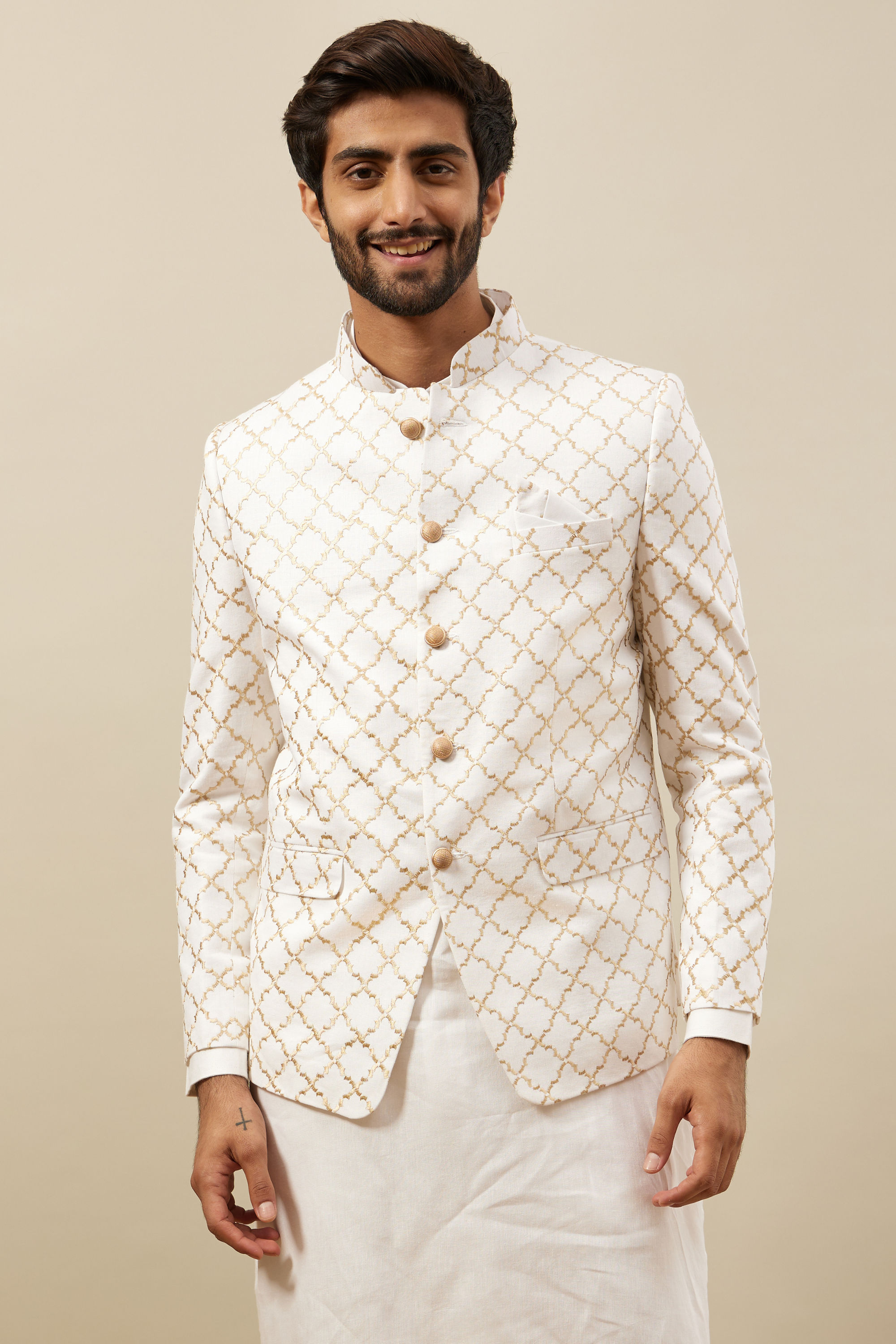 Manyavar Men Bright White Trellis Patterned Indo Western Set