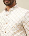 Manyavar Men Bright White Trellis Patterned Indo Western Set