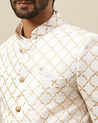 Manyavar Men Bright White Trellis Patterned Indo Western Set