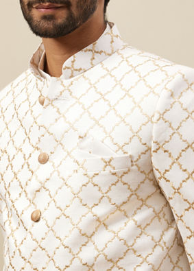 Manyavar Men Bright White Trellis Patterned Indo Western Set