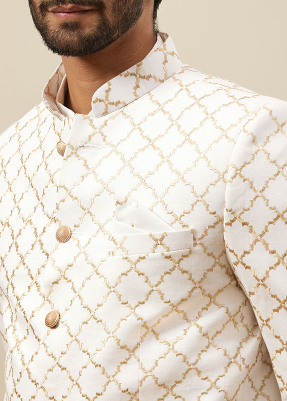 Manyavar Men Bright White Trellis Patterned Indo Western Set