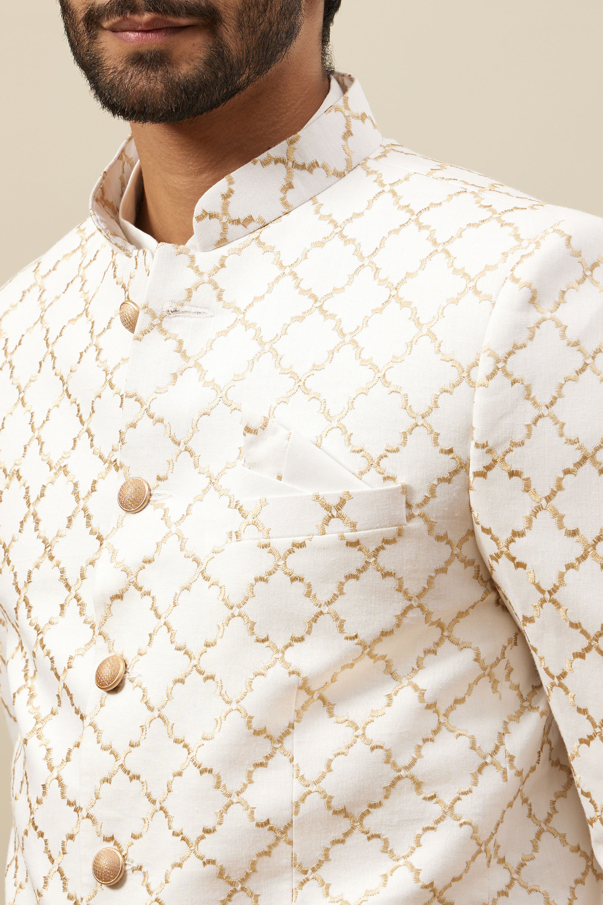 Manyavar Men Bright White Trellis Patterned Indo Western Set