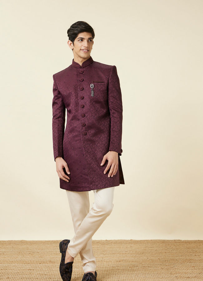 alt message - Manyavar Men Windsor Wine Floral Patterned Indo Western Set image number 2