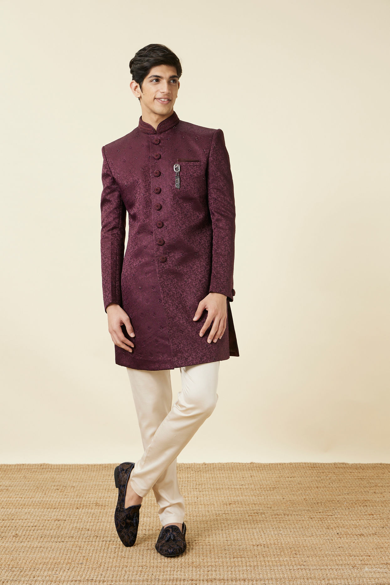 Manyavar Men Windsor Wine Floral Patterned Indo Western Set