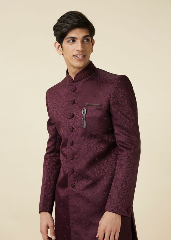 Manyavar Men Windsor Wine Floral Patterned Indo Western Set