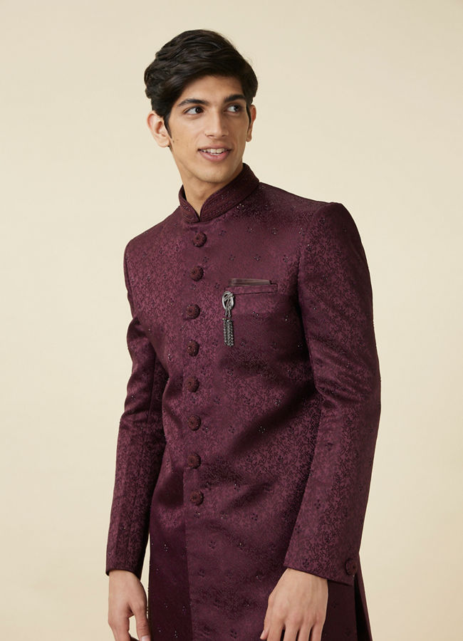 alt message - Manyavar Men Windsor Wine Floral Patterned Indo Western Set image number 0