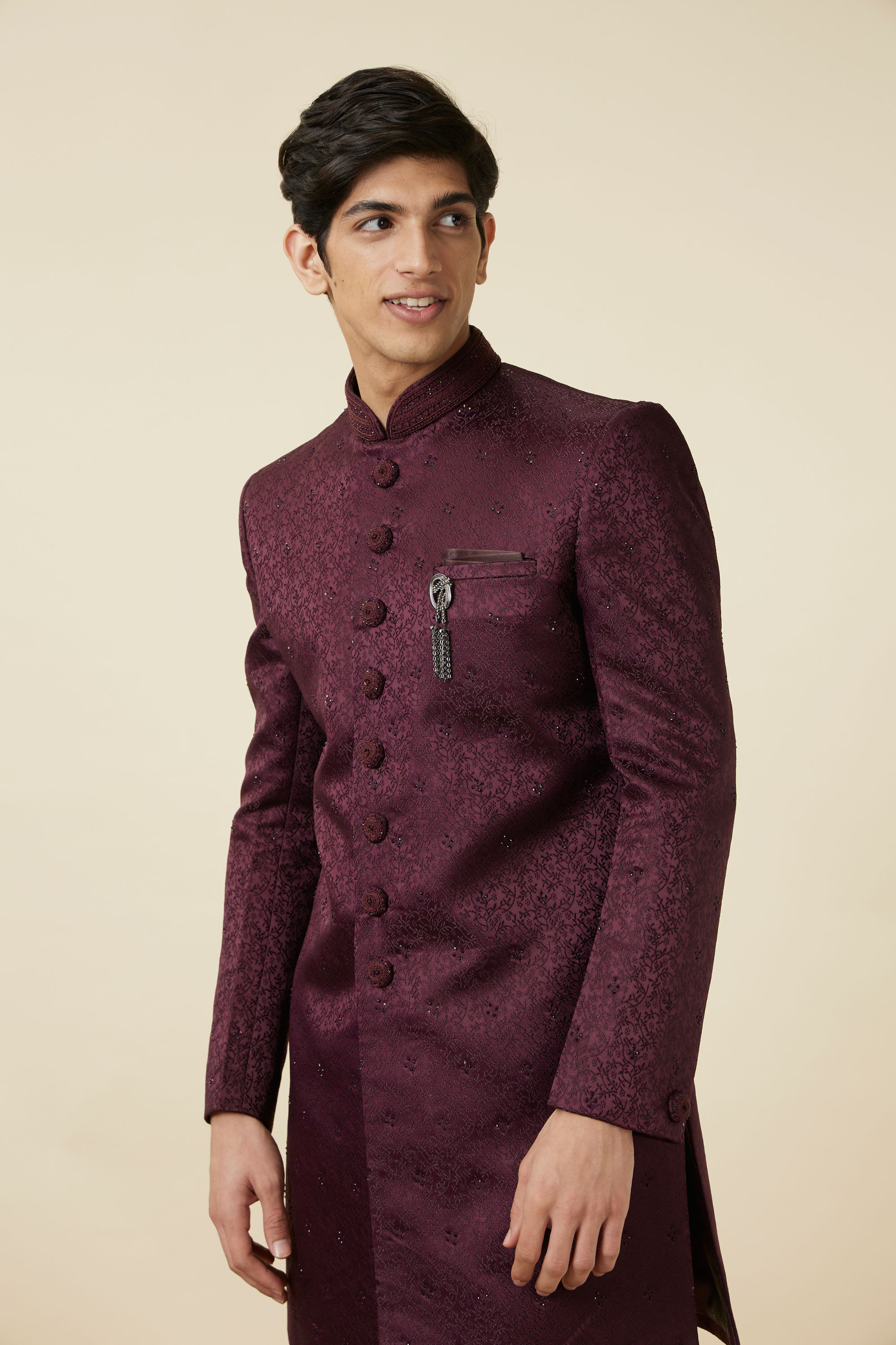 Manyavar Men Windsor Wine Floral Patterned Indo Western Set