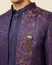 Manyavar Men Royal Blue Bel Buti Patterned Indo Western Set