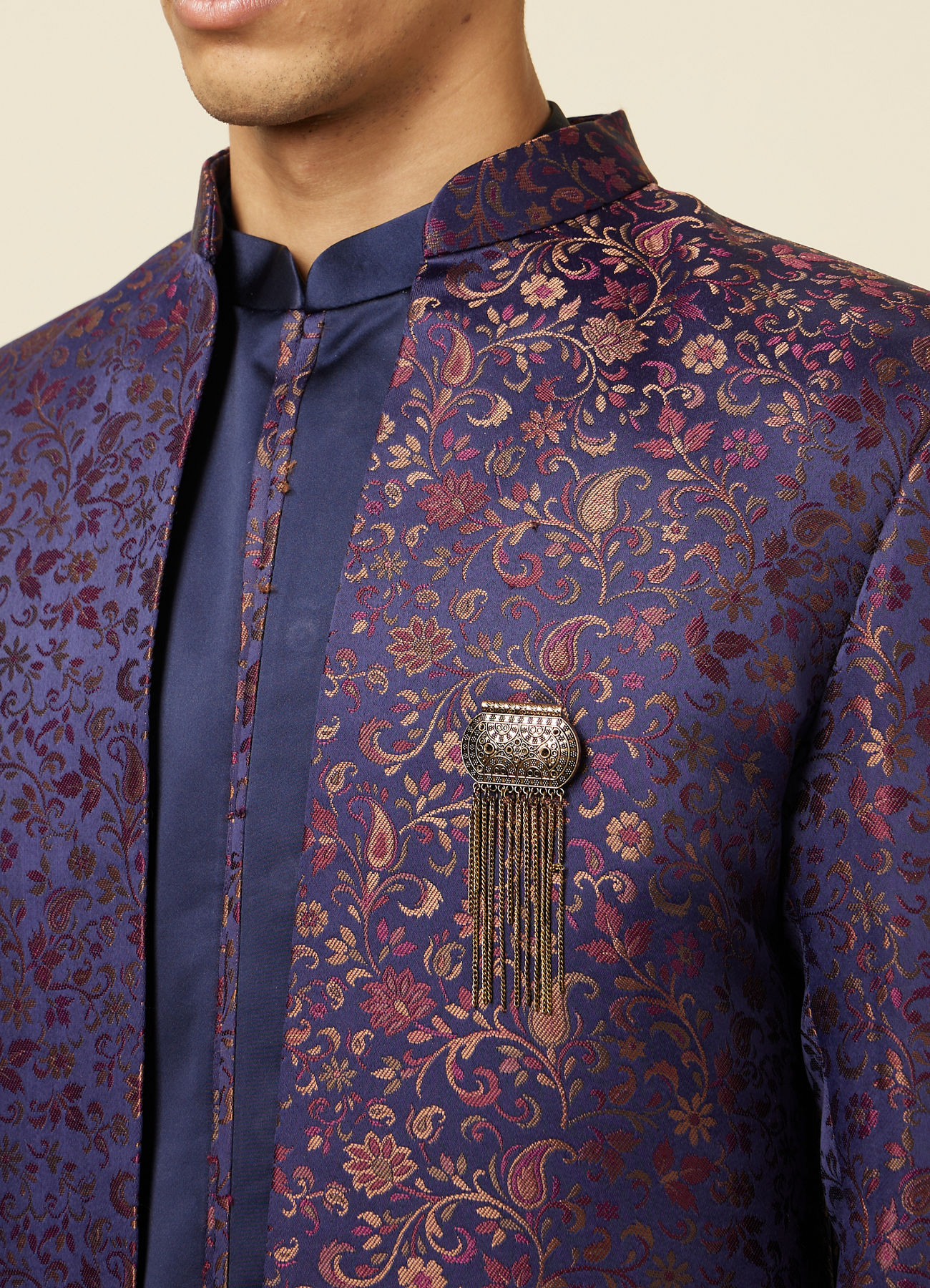 Manyavar Men Royal Blue Bel Buti Patterned Indo Western Set