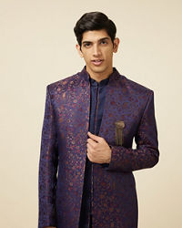 Manyavar Men Royal Blue Bel Buti Patterned Indo Western Set