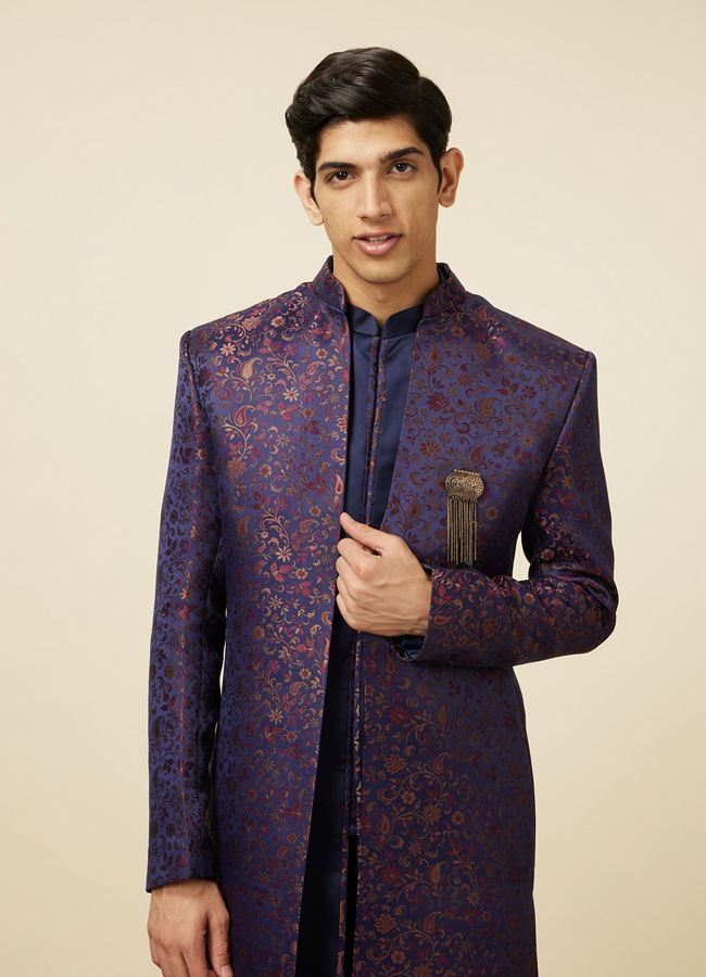 alt message - Manyavar Men Royal Blue Bel Buti Patterned Indo Western Set image number 0