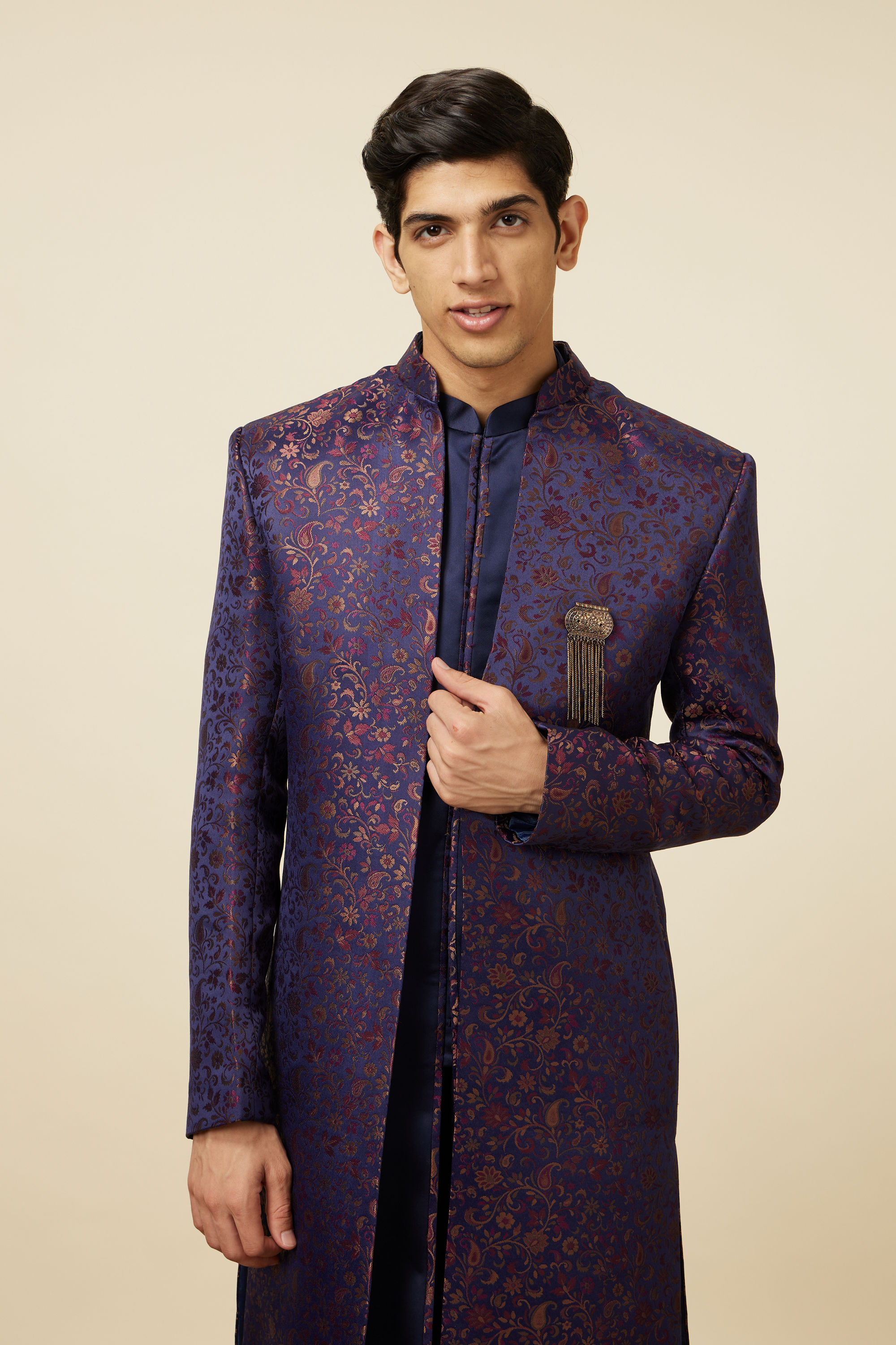 Manyavar Men Royal Blue Bel Buti Patterned Indo Western Set