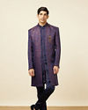 alt message - Manyavar Men Royal Blue Bel Buti Patterned Indo Western Set image number 3