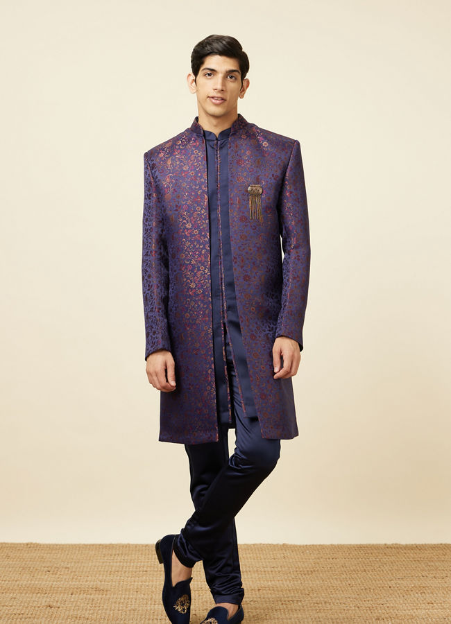 alt message - Manyavar Men Royal Blue Bel Buti Patterned Indo Western Set image number 3