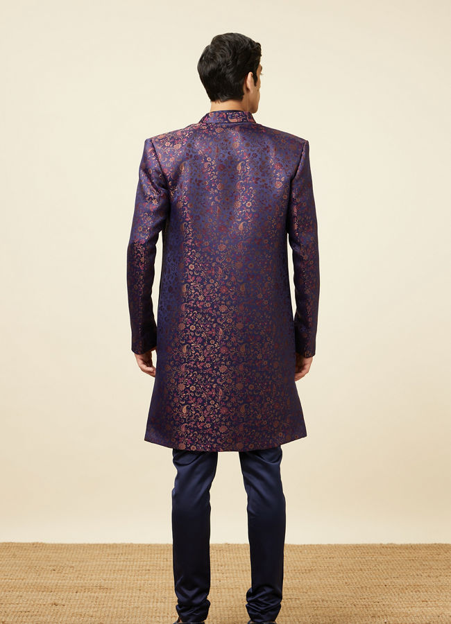 alt message - Manyavar Men Royal Blue Bel Buti Patterned Indo Western Set image number 5